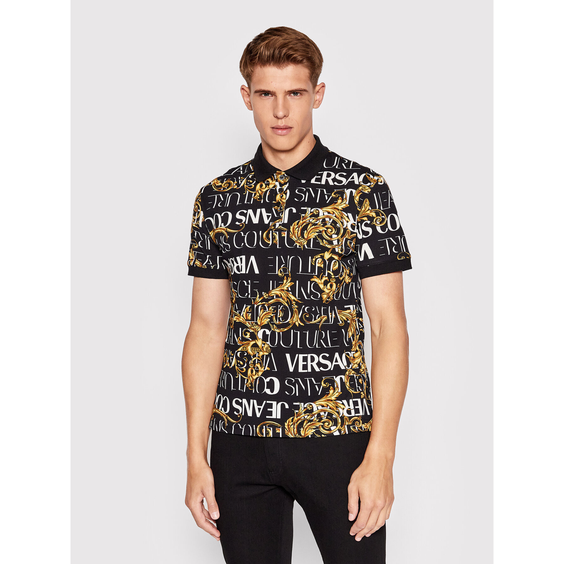 Versace Jeans Couture Тениска с яка и копчета Baroque 73GAG6S0 Черен Regular Fit - Pepit.bg