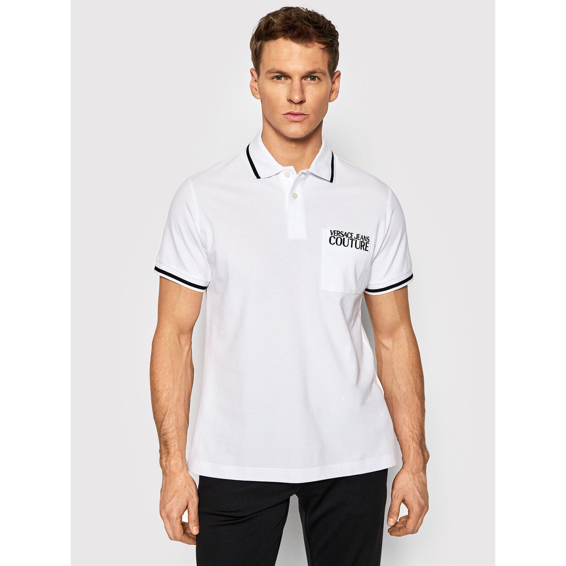 Versace Jeans Couture Тениска с яка и копчета Pocket Logo 72GAGT02 Бял Regular Fit - Pepit.bg