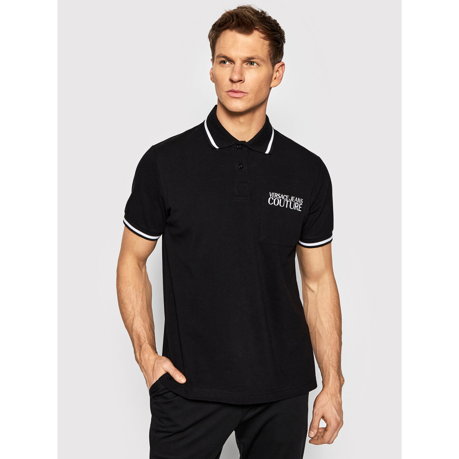 Versace Jeans Couture Тениска с яка и копчета Pocket Logo 72GAGT02 Черен Regular Fit - Pepit.bg