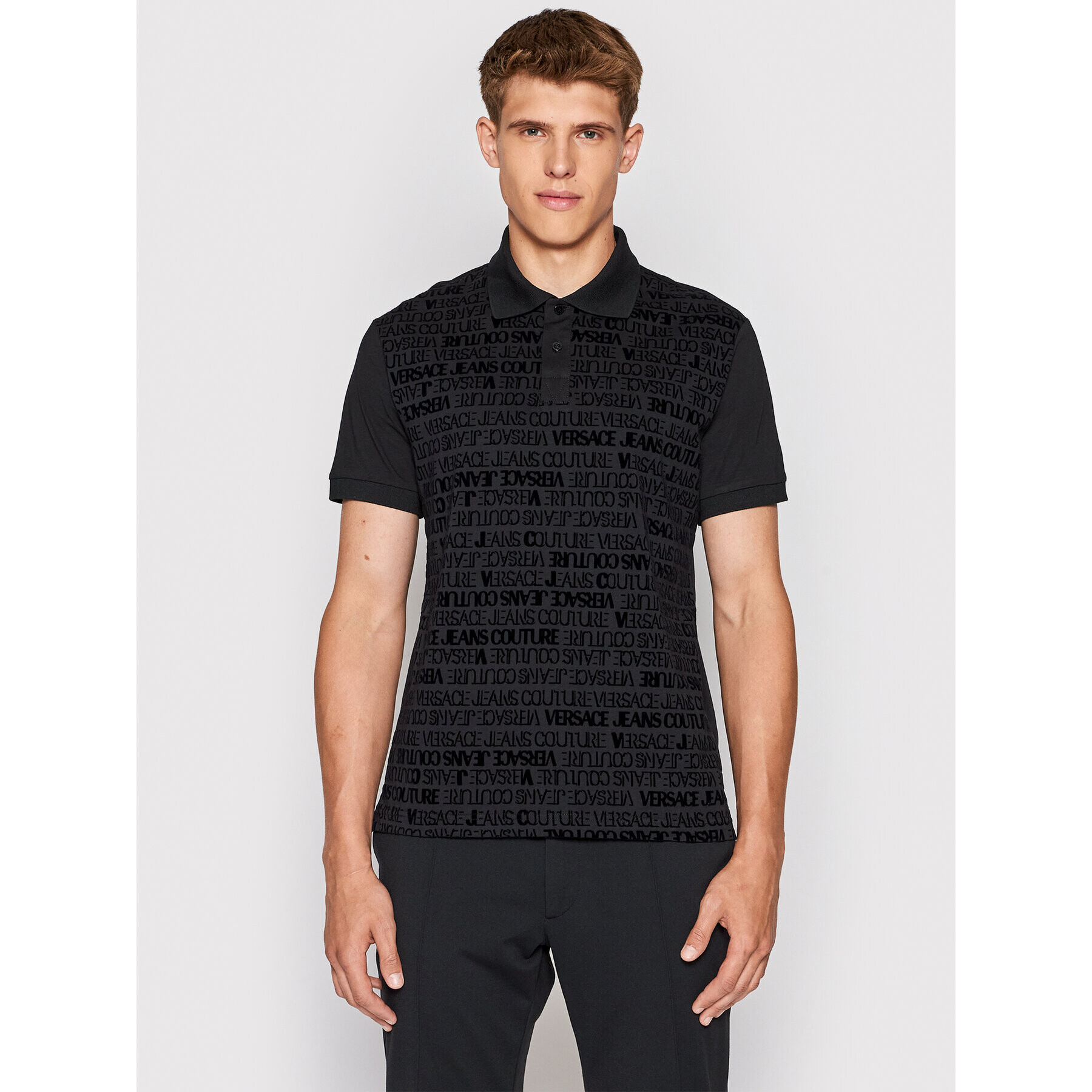 Versace Jeans Couture Тениска с яка и копчета Print Flock Logo 73GAG6R1 Черен Relaxed Fit - Pepit.bg