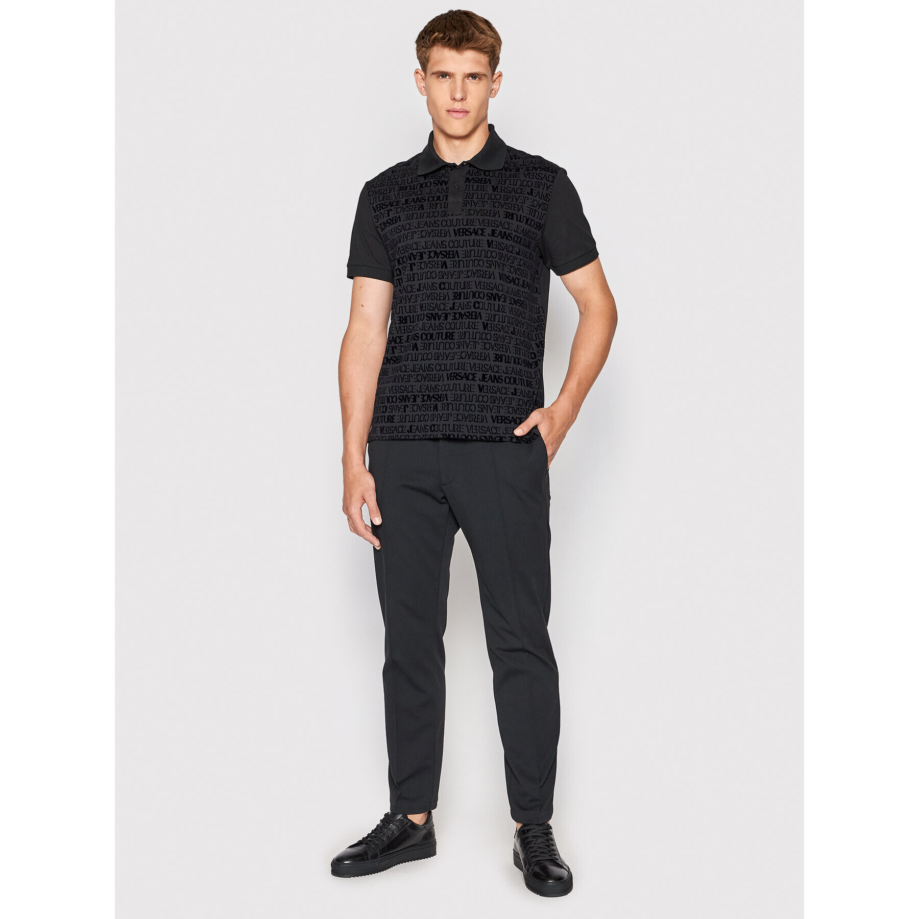 Versace Jeans Couture Тениска с яка и копчета Print Flock Logo 73GAG6R1 Черен Relaxed Fit - Pepit.bg