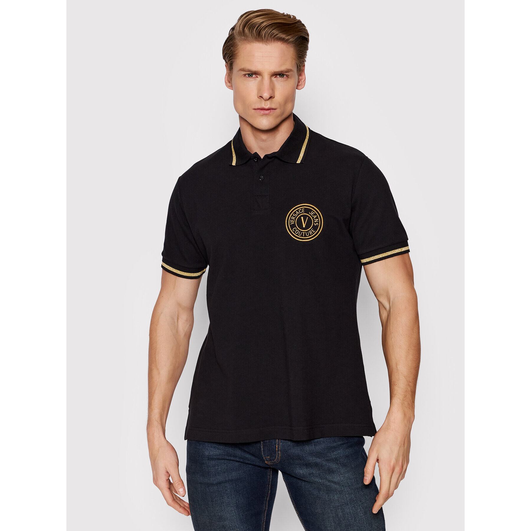 Versace Jeans Couture Тениска с яка и копчета Vemblem Embro 72GAGT03 Черен Regular Fit - Pepit.bg