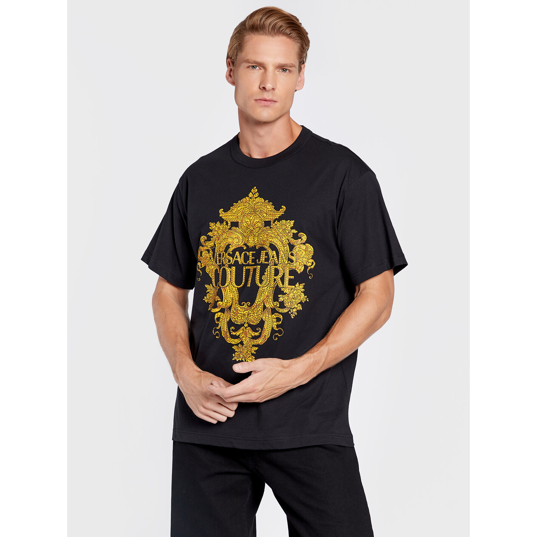 Versace Jeans Couture Тишърт 73GAHP02 Черен Regular Fit - Pepit.bg