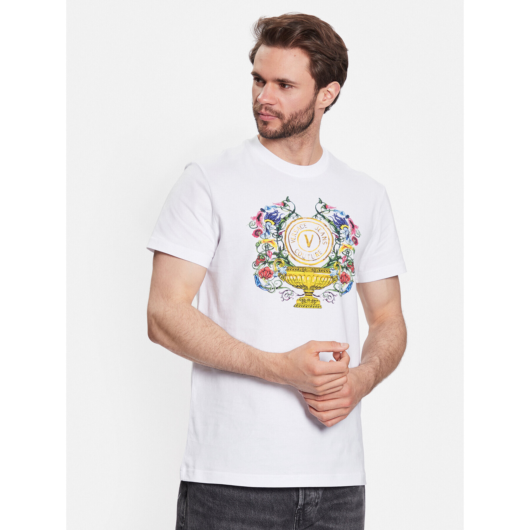 Versace Jeans Couture Тишърт 74GAHF01 Бял Regular Fit - Pepit.bg