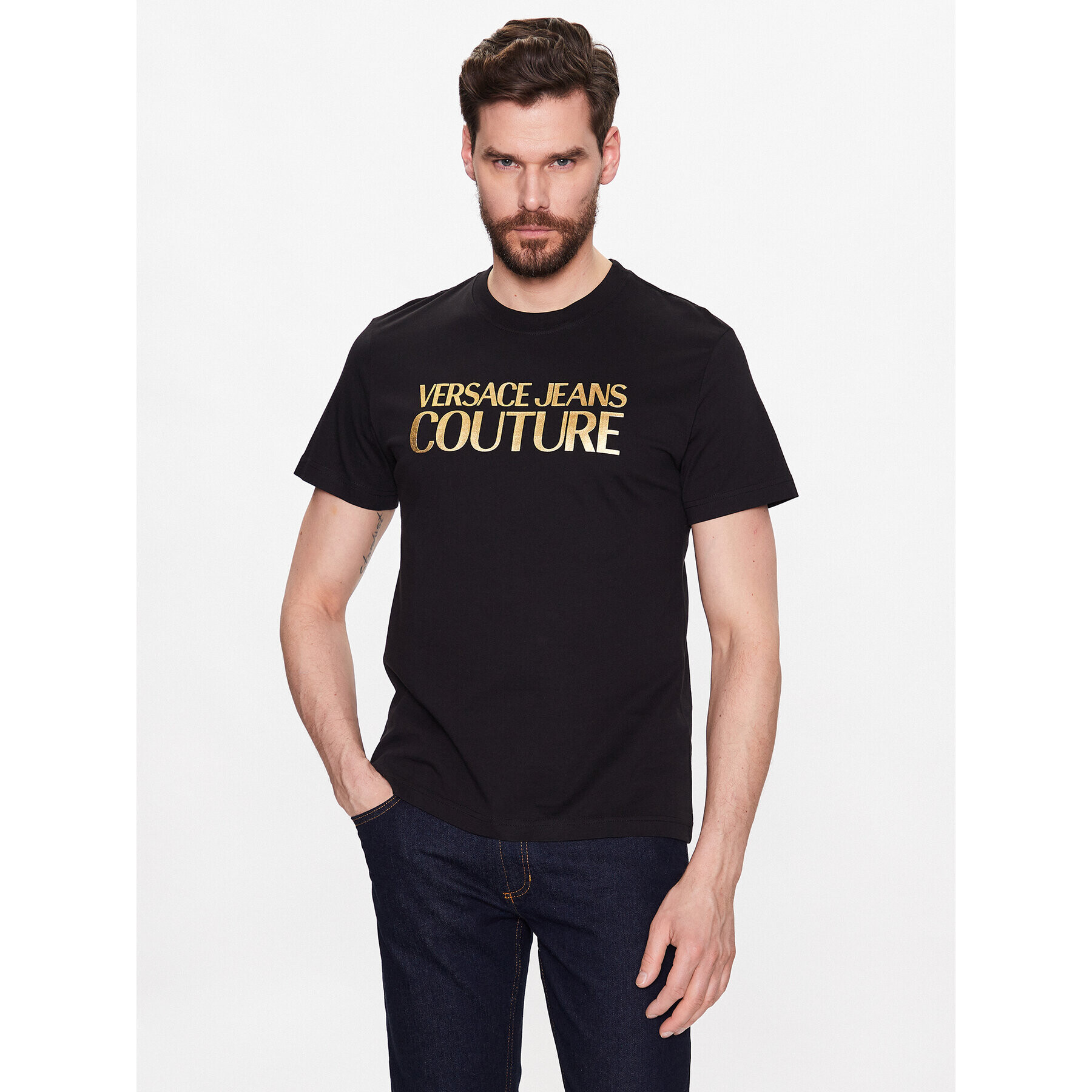 Versace Jeans Couture Тишърт 74GAHT01 Черен Regular Fit - Pepit.bg