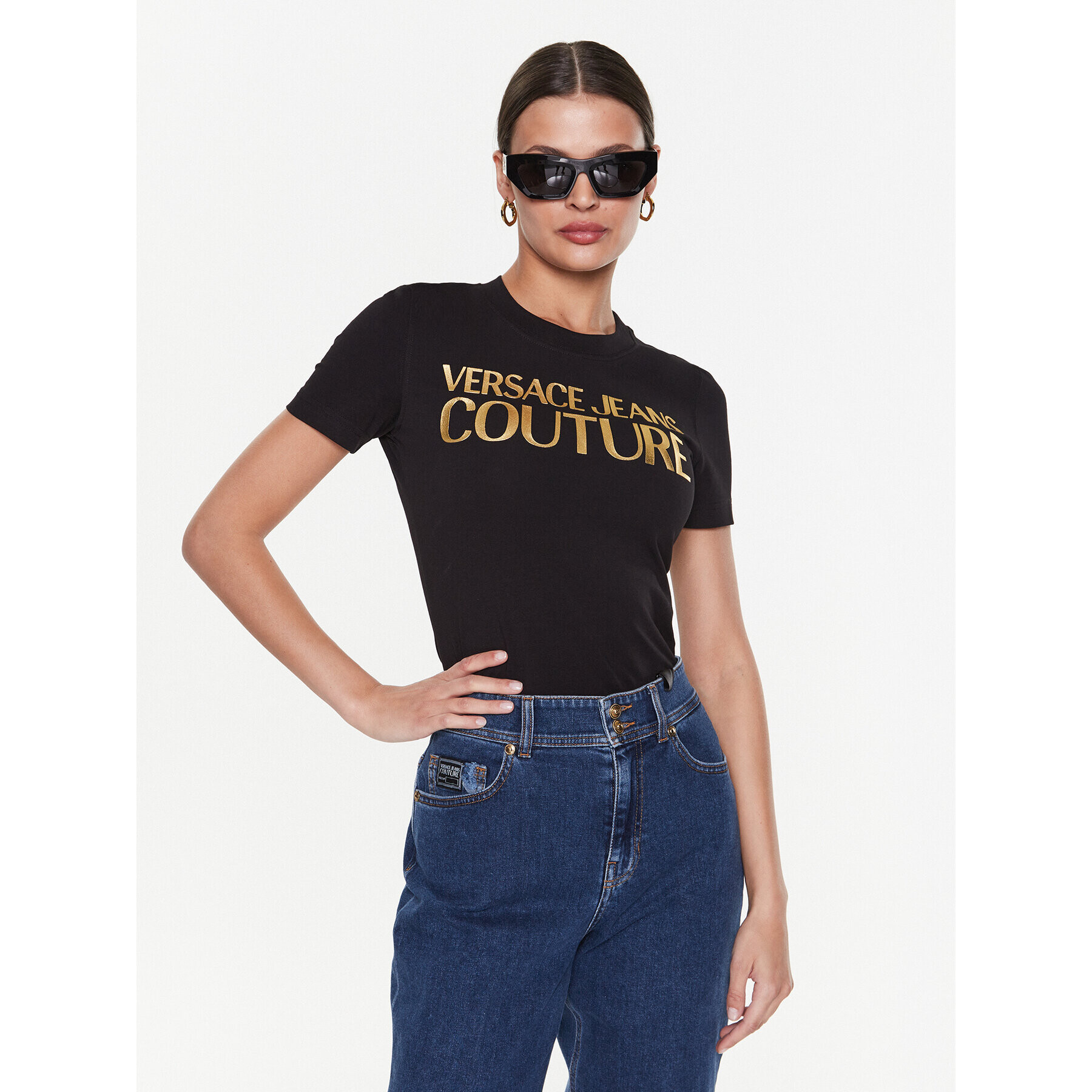 Versace Jeans Couture Тишърт 74HAHT01 Черен Regular Fit - Pepit.bg