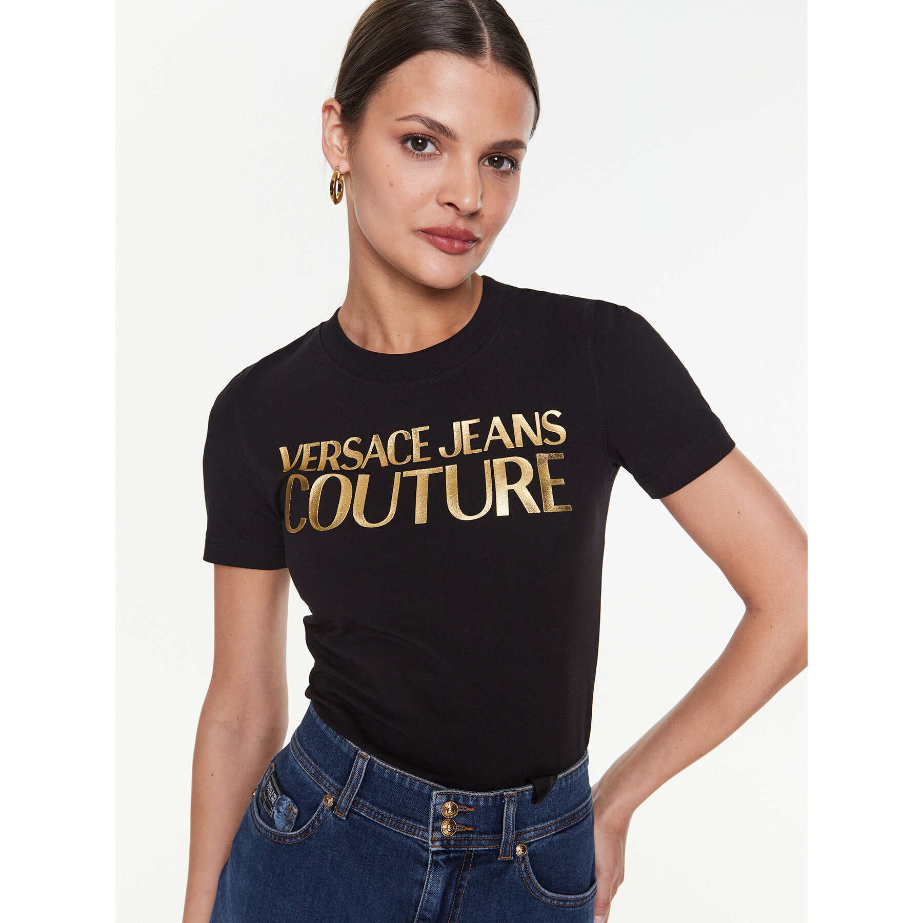 Versace Jeans Couture Тишърт 74HAHT01 Черен Regular Fit - Pepit.bg