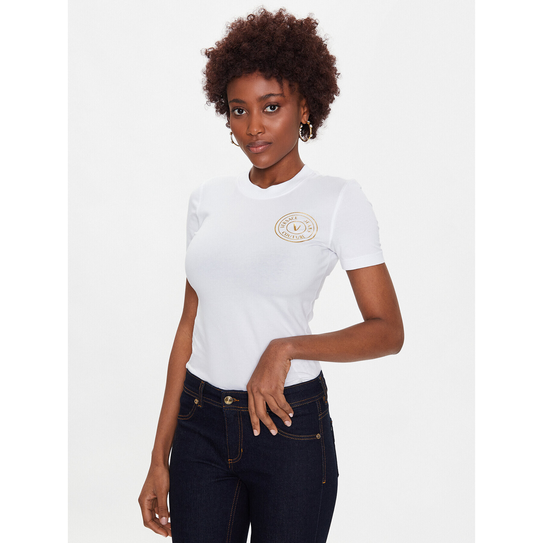 Versace Jeans Couture Тишърт 74HAHT06 Бял Regular Fit - Pepit.bg