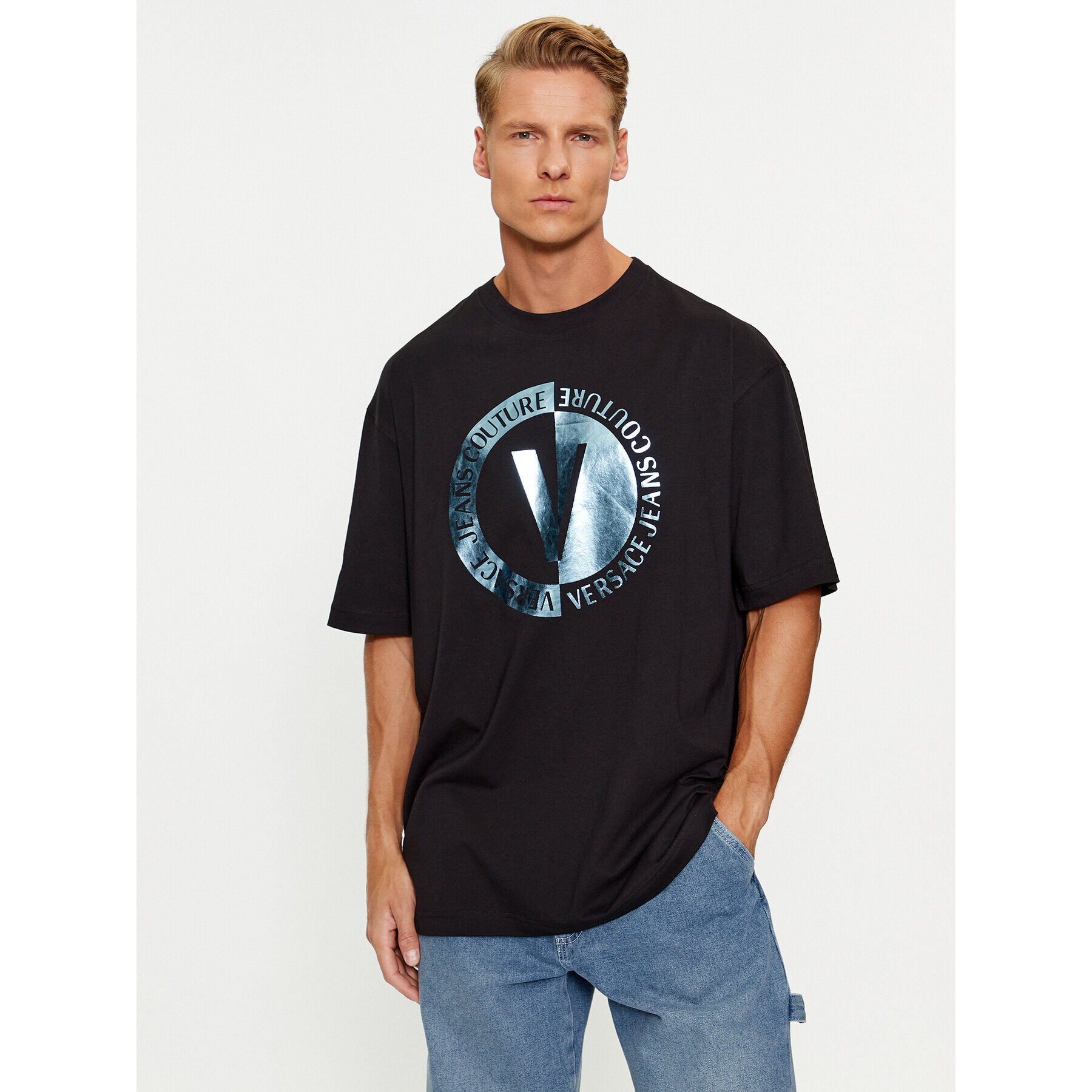 Versace Jeans Couture Тишърт 75GAHF05 Черен Oversize - Pepit.bg