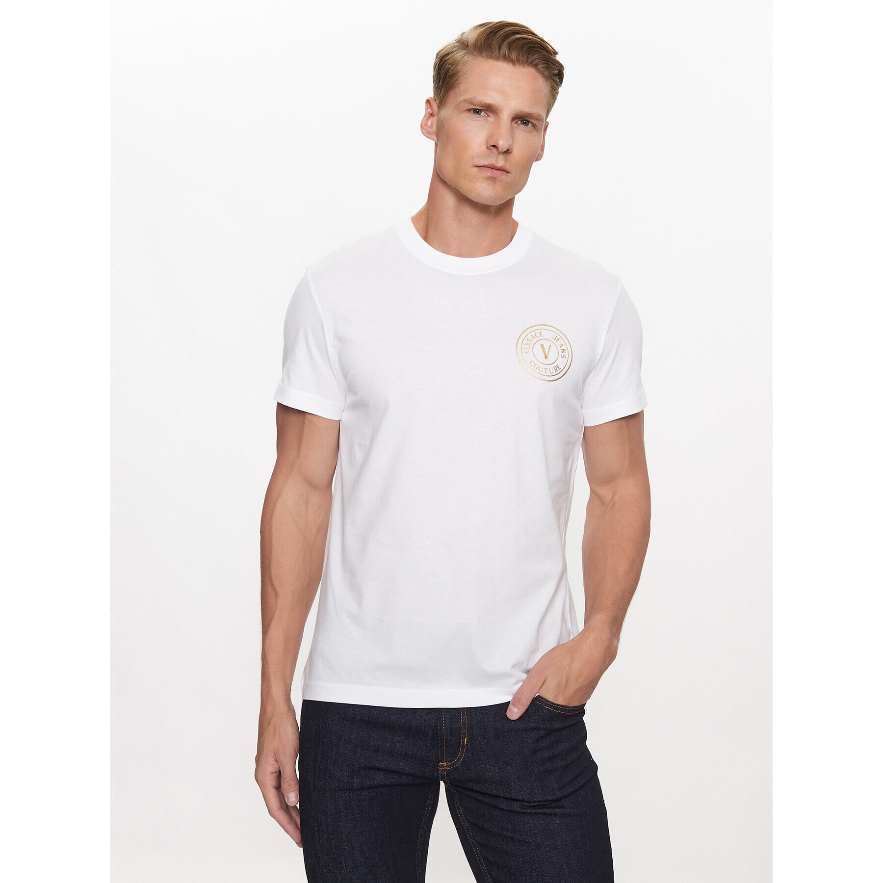 Versace Jeans Couture Тишърт 75GAHT06 Бял Regular Fit - Pepit.bg