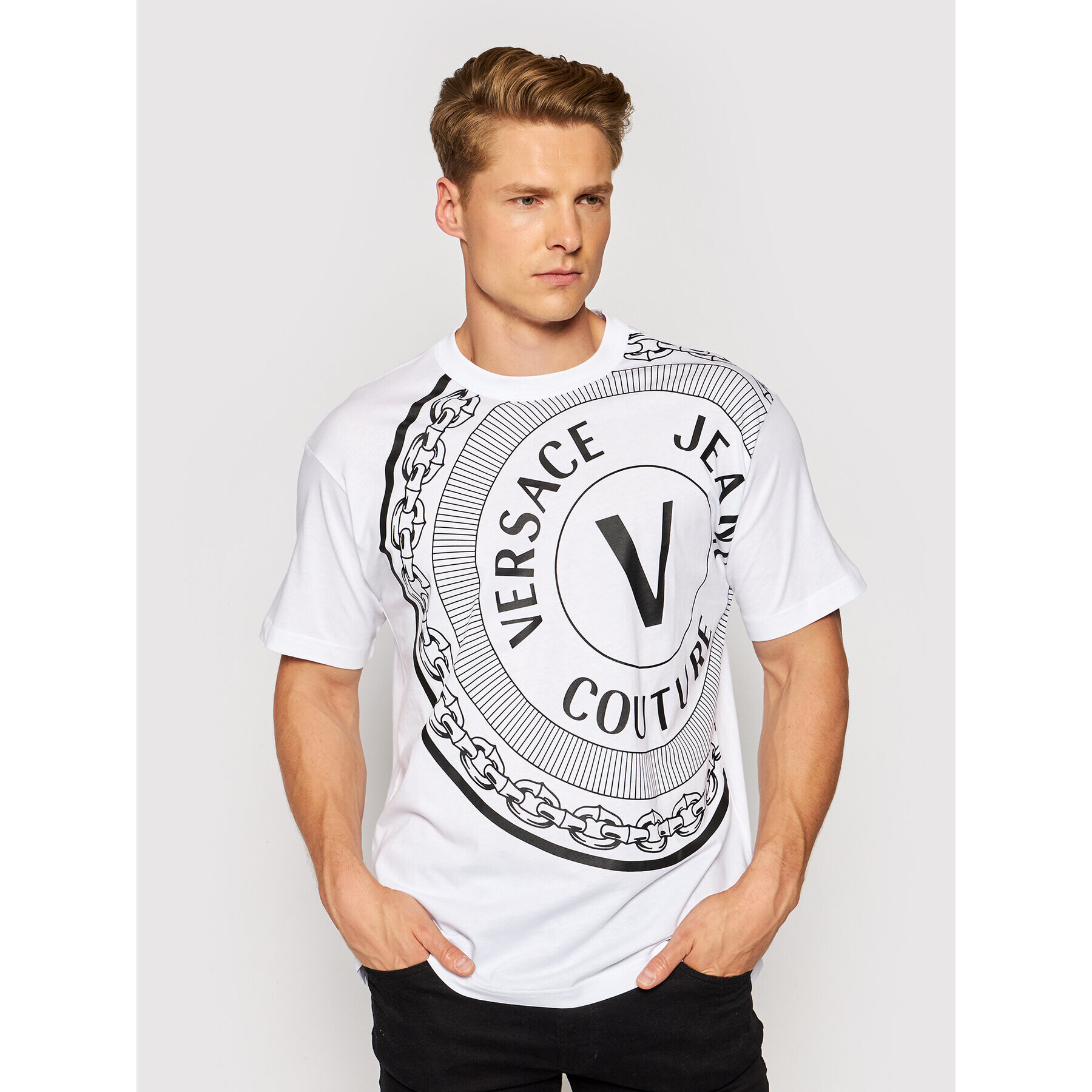 Versace Jeans Couture Тишърт Centered Vemb 71GAHT19 Бял Regular Fit - Pepit.bg