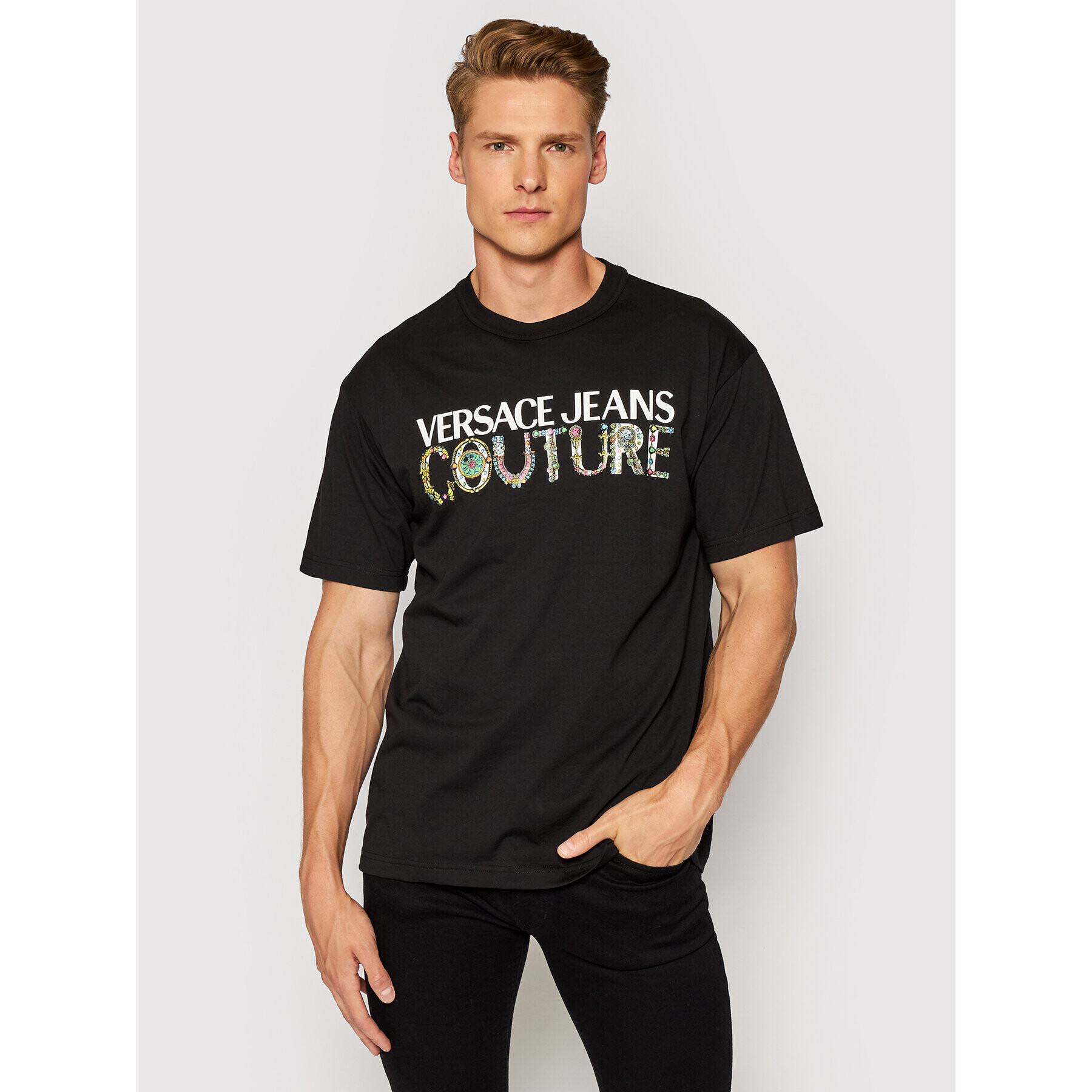 Versace Jeans Couture Тишърт Logo Bijoux 71GAHF04 Черен Regular Fit - Pepit.bg