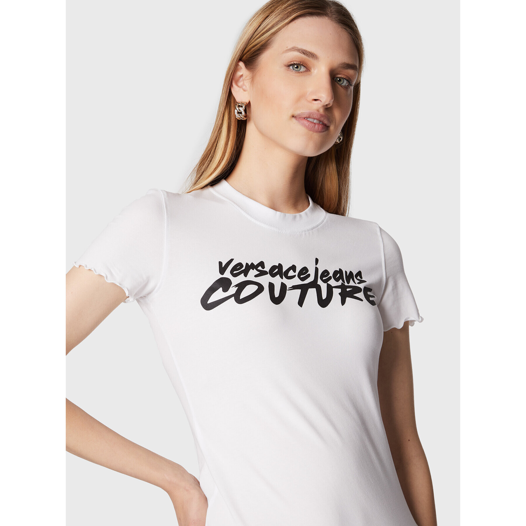 Versace Jeans Couture Тишърт Logo Brush 73HAHT15 Бял Regular Fit - Pepit.bg