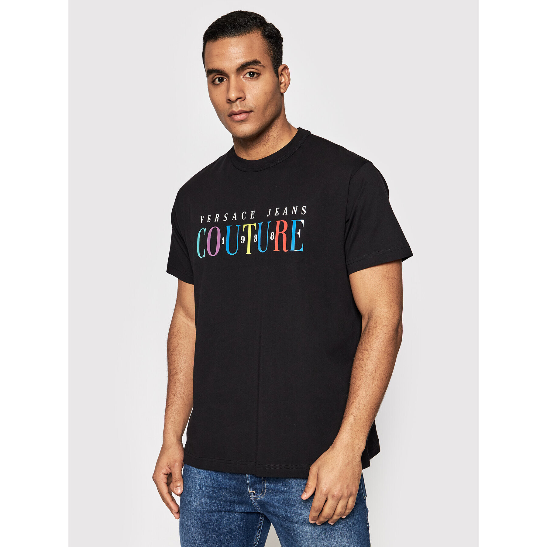 Versace Jeans Couture Тишърт Logo Rainbow 72GAHT06 Черен Regular Fit - Pepit.bg