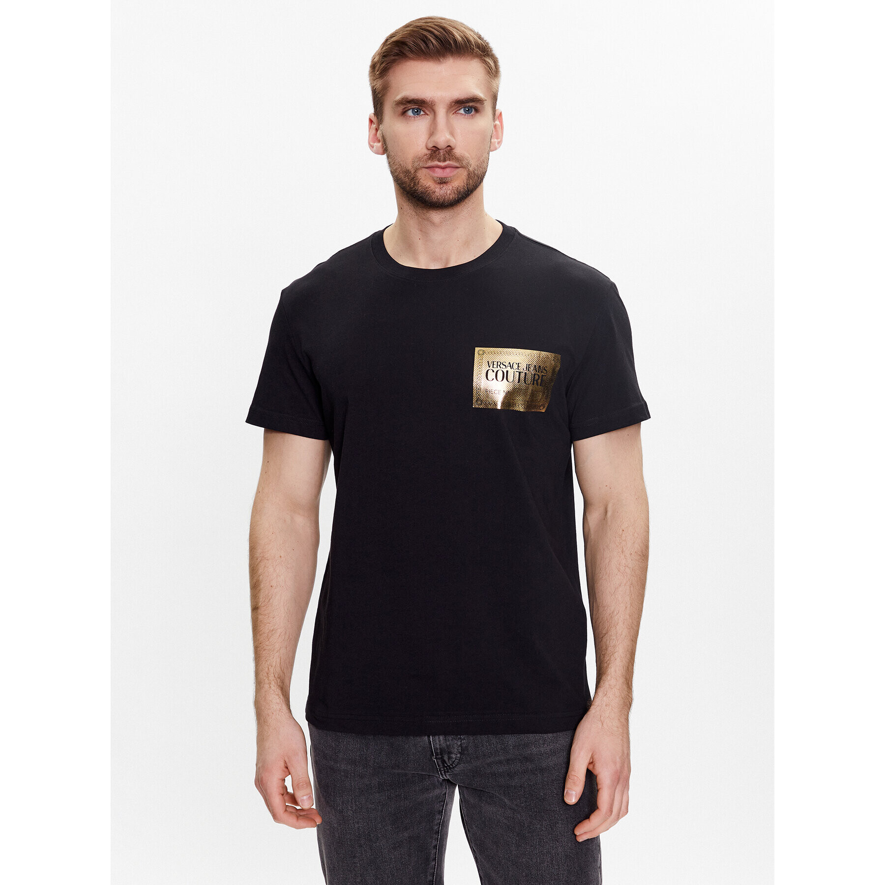 Versace Jeans Couture Тишърт Piece Text Foil 74GAHG02 Черен Regular Fit - Pepit.bg
