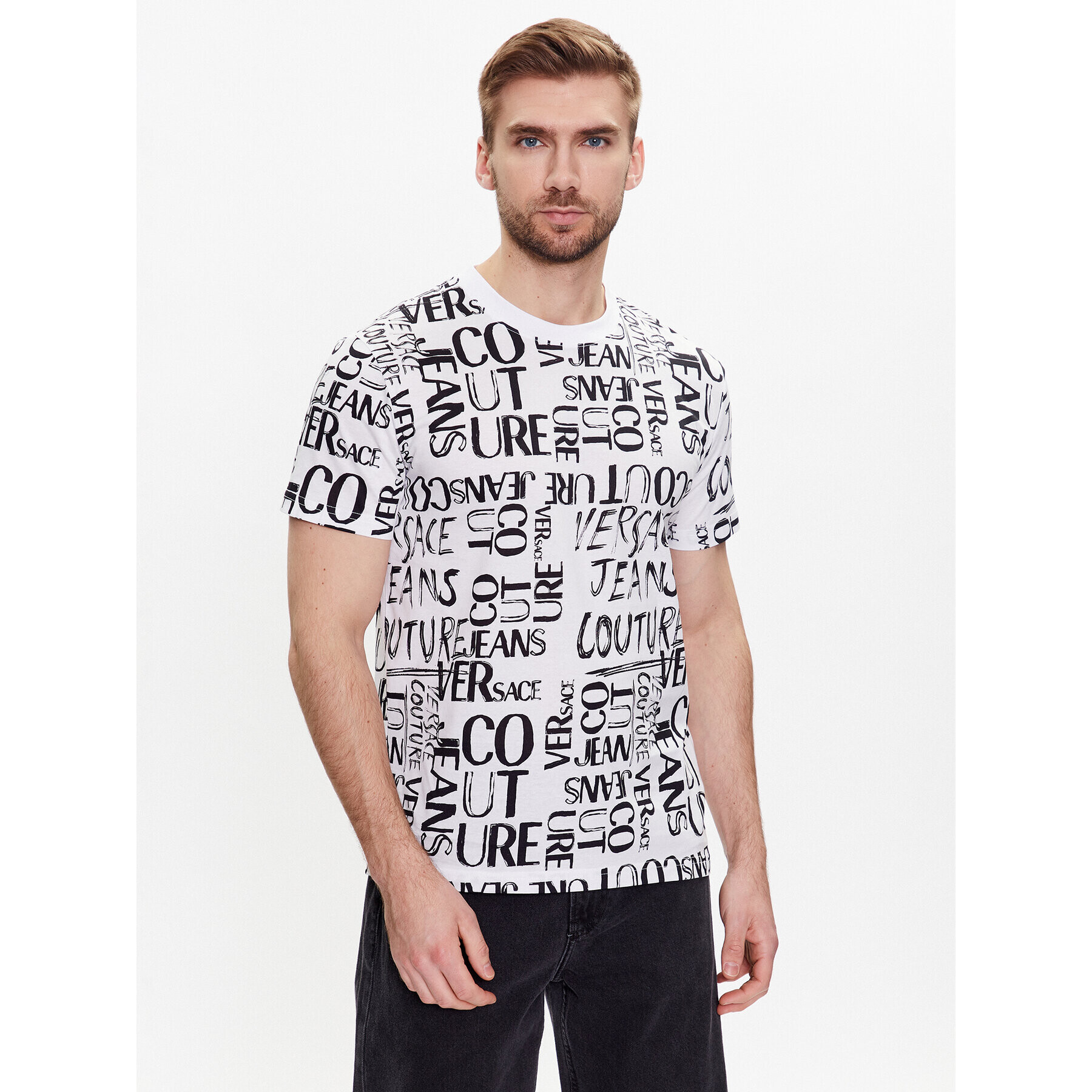 Versace Jeans Couture Тишърт Print Logo 74GAH6S2 Бял Slim Fit - Pepit.bg