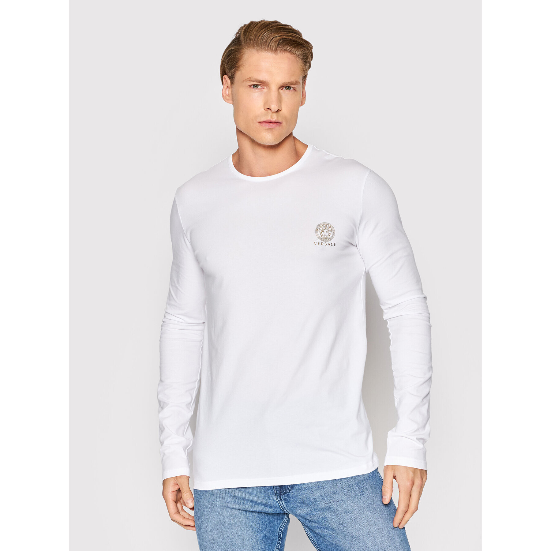 Versace Тениска с дълъг ръкав Girocollo AUU01007 Бял Regular Fit - Pepit.bg