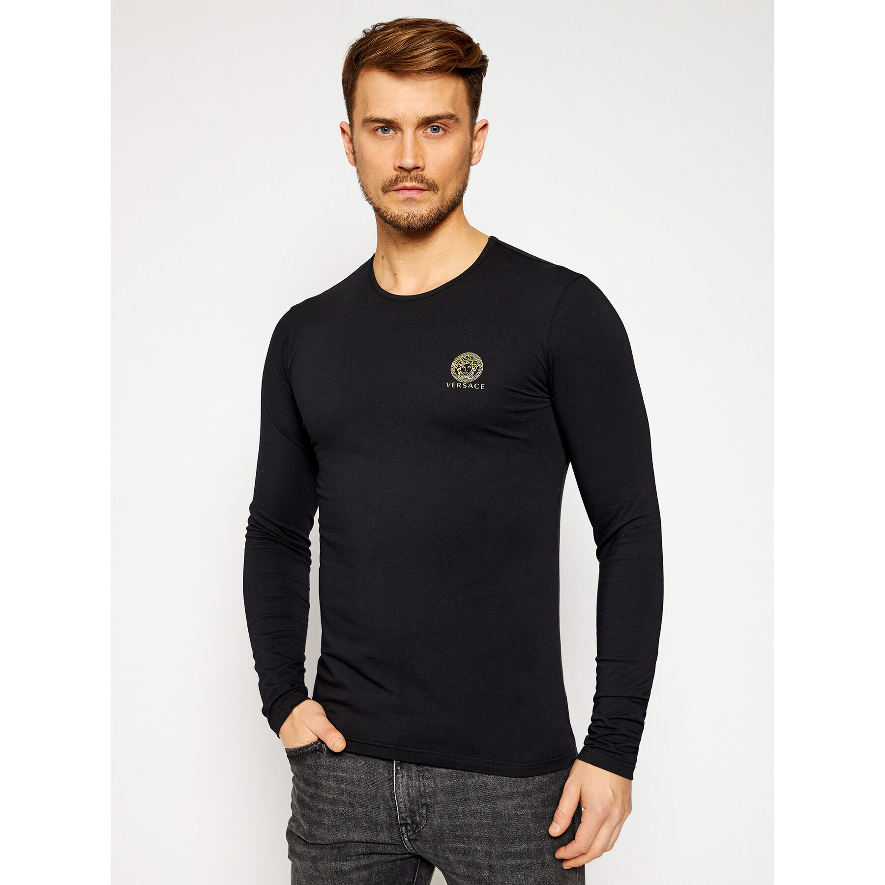 Versace Тениска с дълъг ръкав Girocollo AUU01007 Черен Regular Fit - Pepit.bg