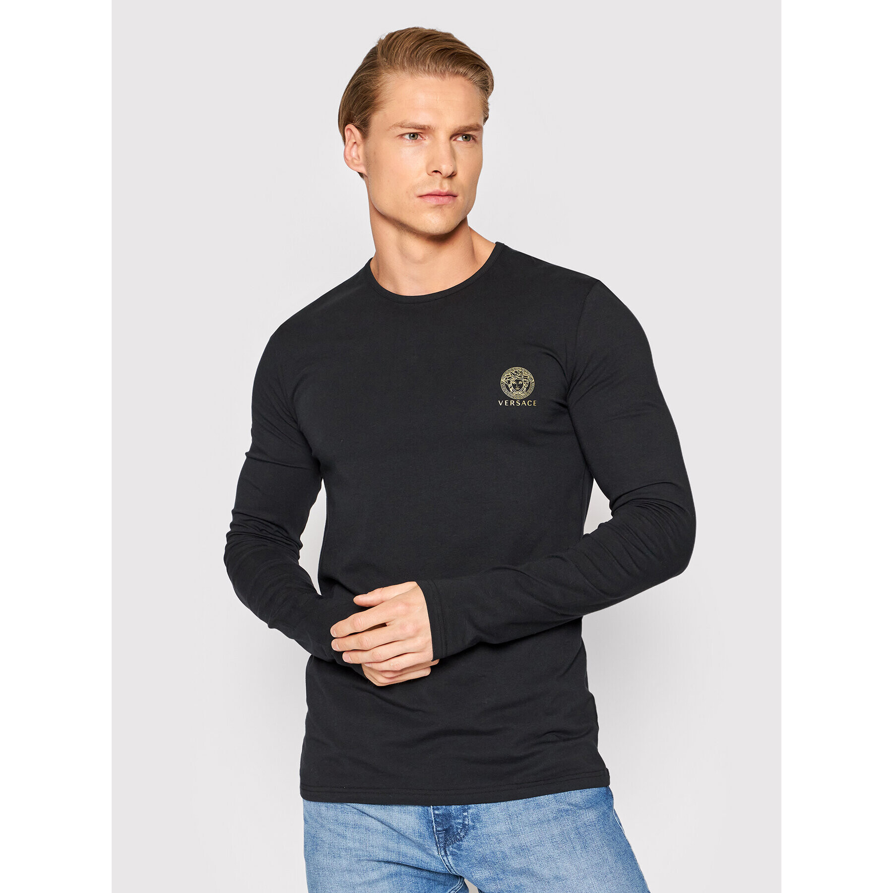 Versace Тениска с дълъг ръкав Girocollo AUU01007 Черен Regular Fit - Pepit.bg