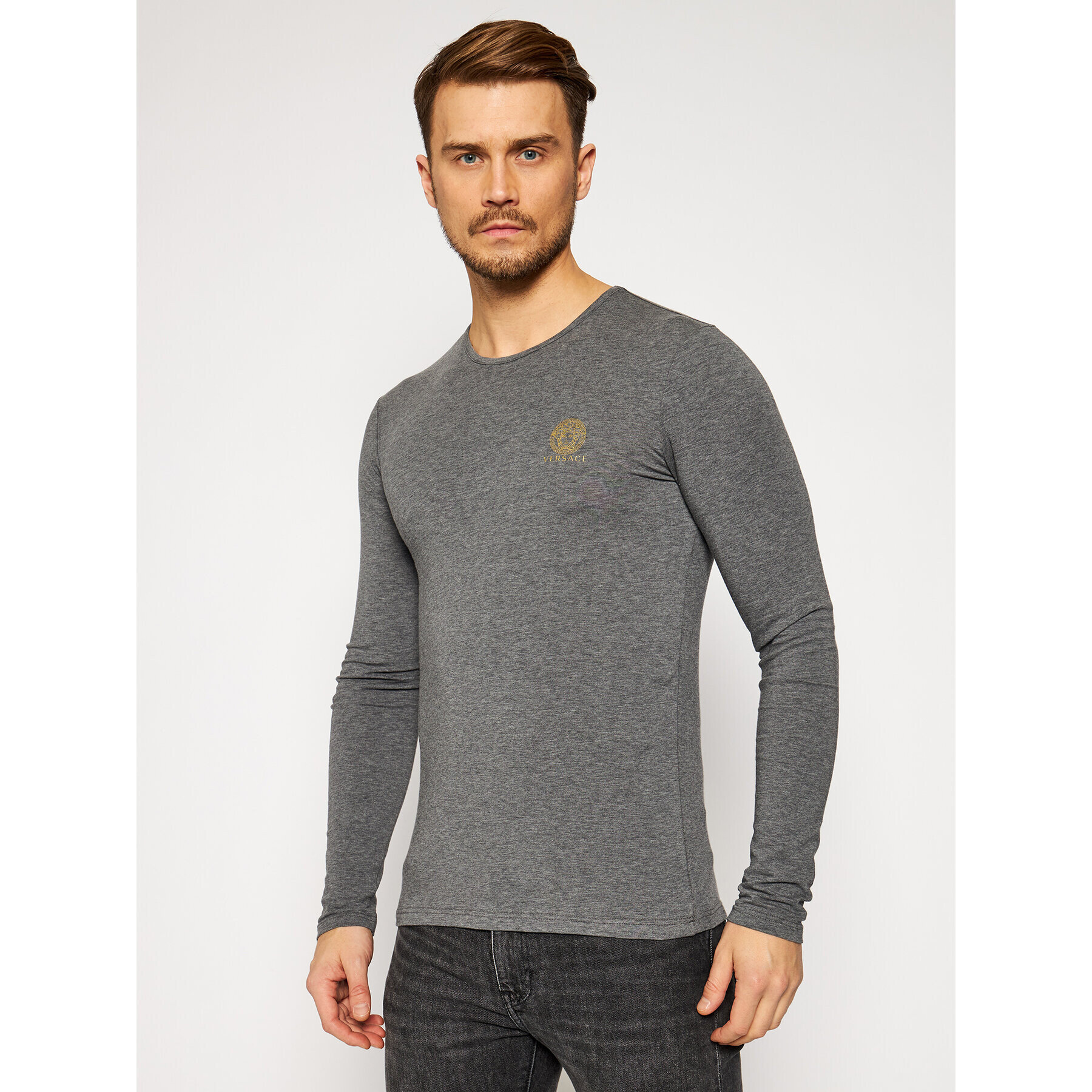 Versace Тениска с дълъг ръкав Girocollo AUU01007 Сив Regular Fit - Pepit.bg