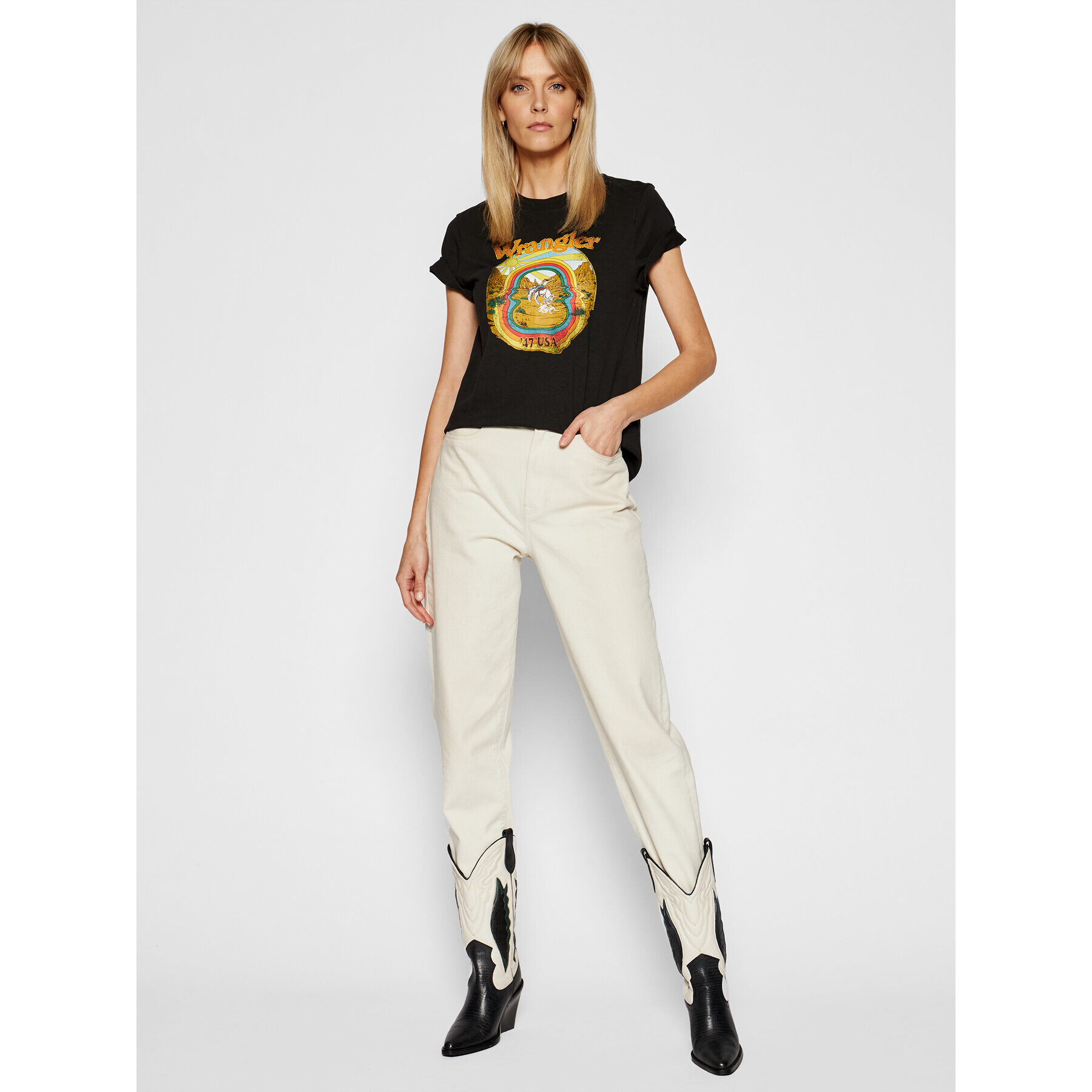 Wrangler Тишърт High Rib W7N9GHXVD Черен Regular Fit - Pepit.bg
