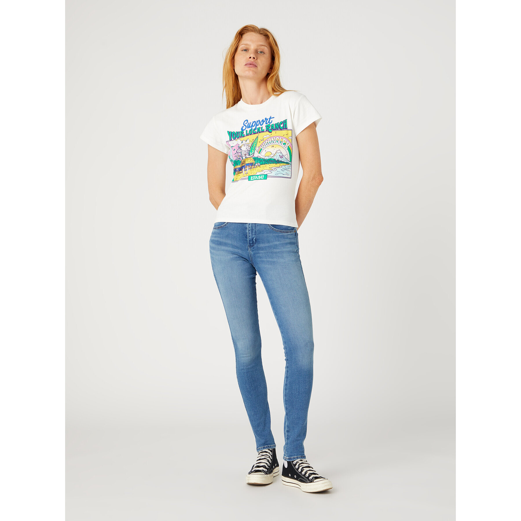 Wrangler Тишърт Shrunken Band W7FDEEW02 112332013 Бял Slim Fit - Pepit.bg