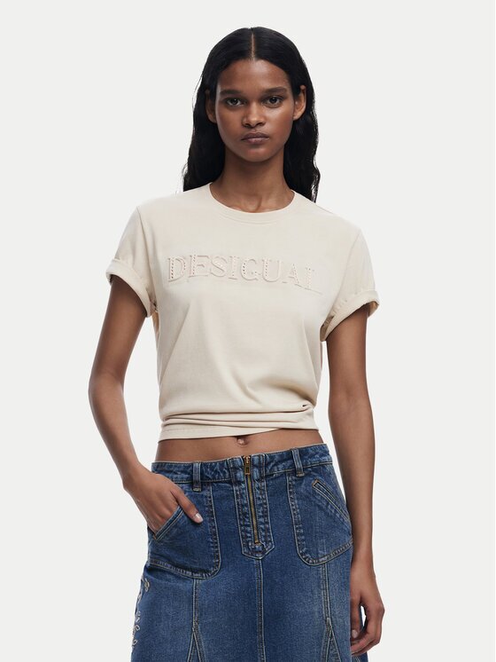 Desigual Тишърт Brandy 25SWTK17 Екрю Regular Fit