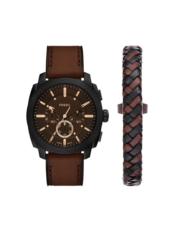 Fossil Комплект часовник и гривна Machine Chronograph FS6102SET Кафяв