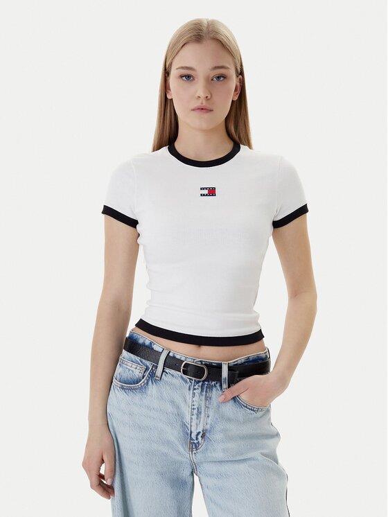 Tommy Jeans Тишърт Badge DW0DW22575 Екрю Slim Fit